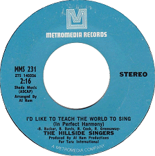 The 45 of the Coca Cola's Folk-inspired anthem 'I'd Like to Teach The World to Sing.'